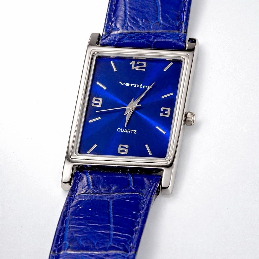 Vernier Blue Dial Square Quartz Watch 22mm Leather Strap Silver Tone NOT TESTED